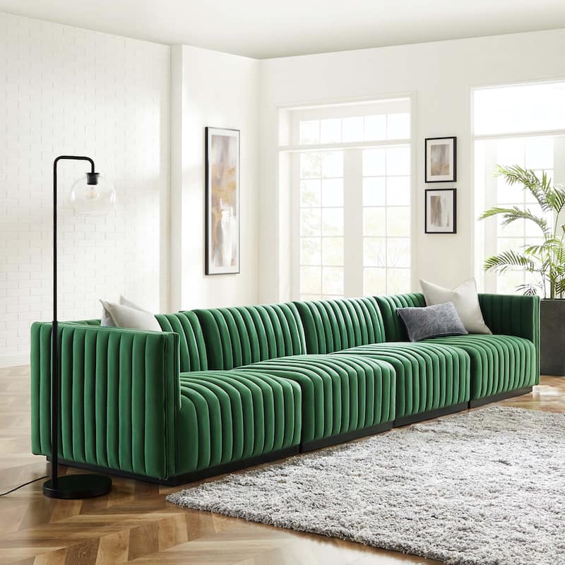 Conjure Channel Tufted Performance Velvet 4-Piece Sofa - Black Emerald