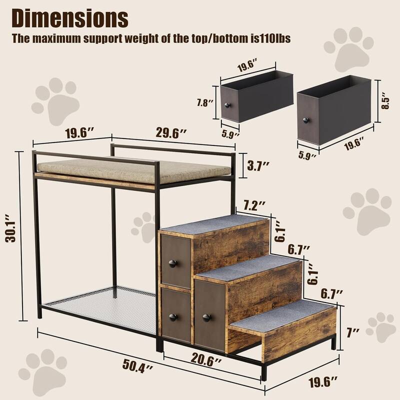 BOSSIN Multi-Level Pet Bunk Bed with Stairs & Storage - Foam-Upholstered Platform Dog/Cat Bed, Window Perch or Bedside Lounge