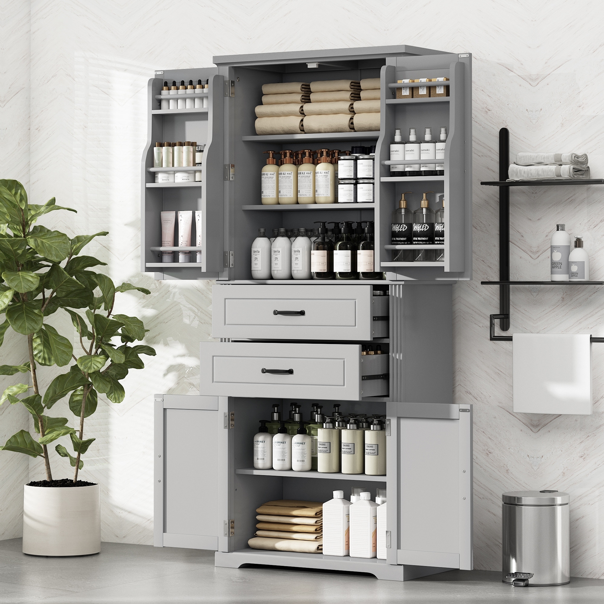 Storage Cabinet with Multi-Functional Storage Space, Doors with Storage Shelves, 2 Drawers, Adjustable Shelf