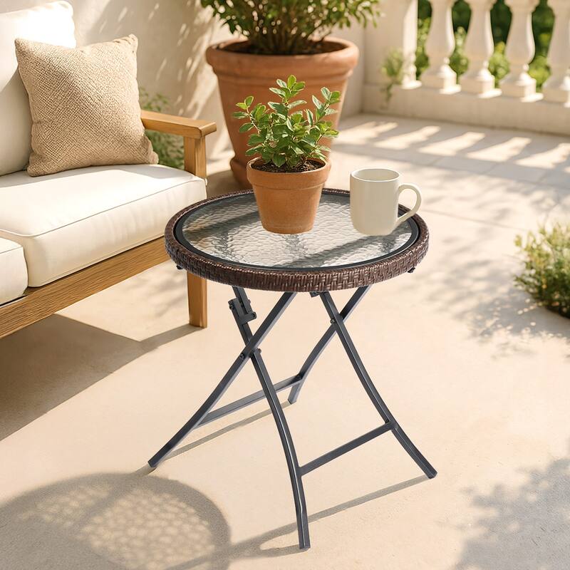 Outdoor Round Side Table with Tempered Glass Top, Foldable Metal Frame, Compact Patio, Balcony - 15.75" x 15.75" x 20.6"