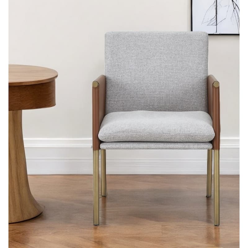 Light Grey Fabric Armchair with Antiqued Brass Metal Legs and Solid Back - 23.5" x 22” x 32.5” (D x W x H)