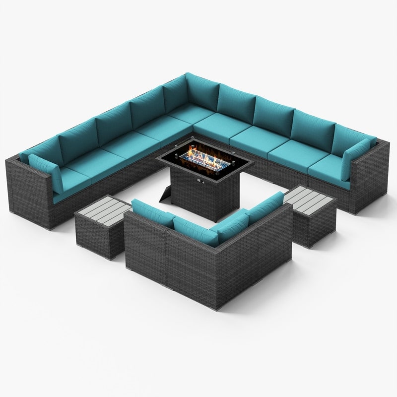 FINCATI 15-Piece Grey Wicker Patio Conversation Set with 43" Fire Pit - Teal