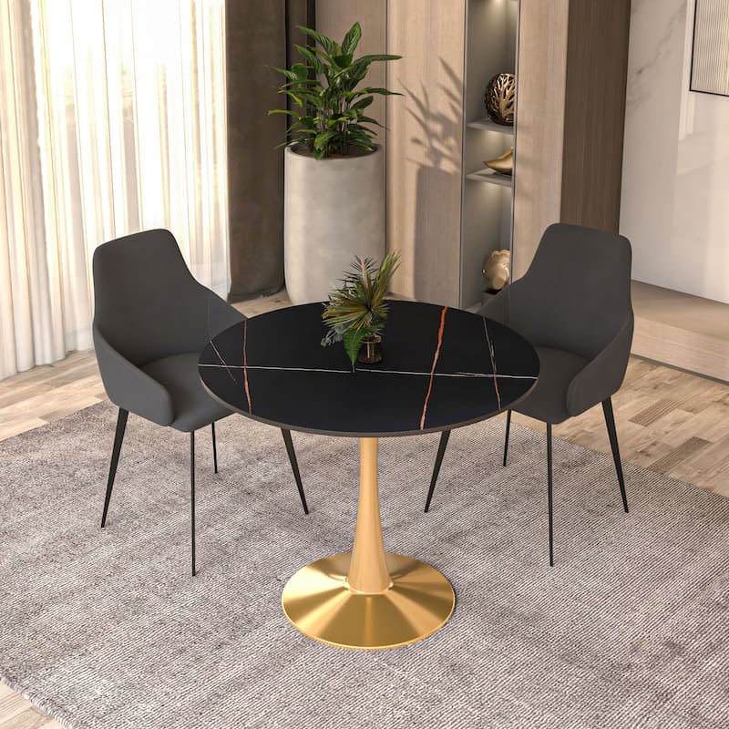 Bristol 31-inch Round Dining Table, Gold Pedestal Base Kitchen Table, Easy-Clean Scratch Resistant Surface, Floor Protectors