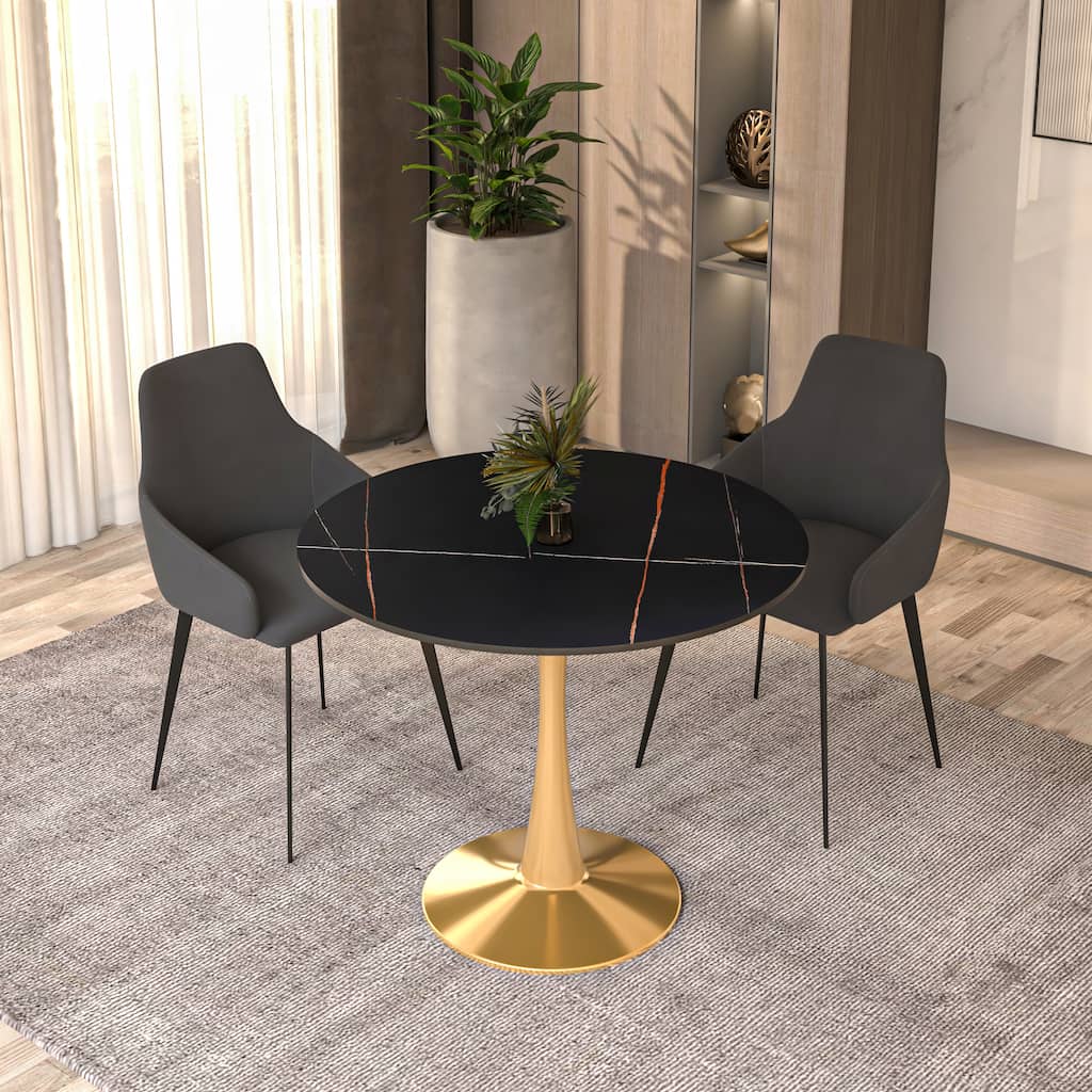 Bristol 31-inch Round Dining Table, Gold Pedestal Base Kitchen Table, Easy-Clean Scratch Resistant Surface, Floor Protectors