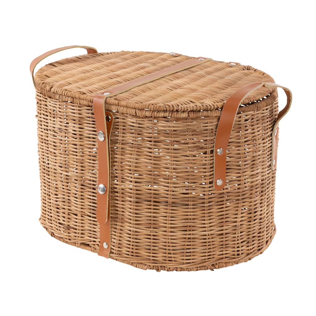 Rattan Handmade Woven Storage Basket with Lid and Leather Handles - Brown - Roche River Decor