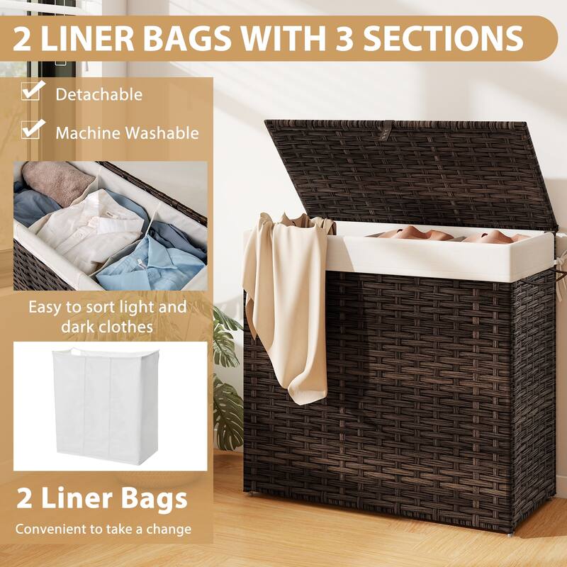 Gymax Laundry Hamper w/Wheels & Lid 125L 3-Section Clothes Hamper w/2