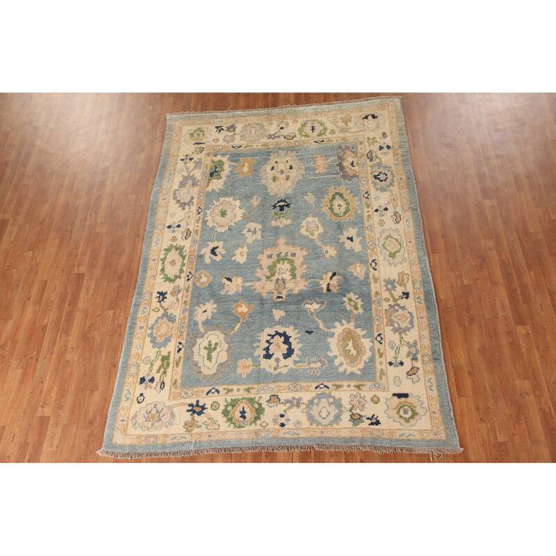 Blue Oushak Turkish Area Rug Hand-knotted Wool Carpet - 6'5"x 9'1"
