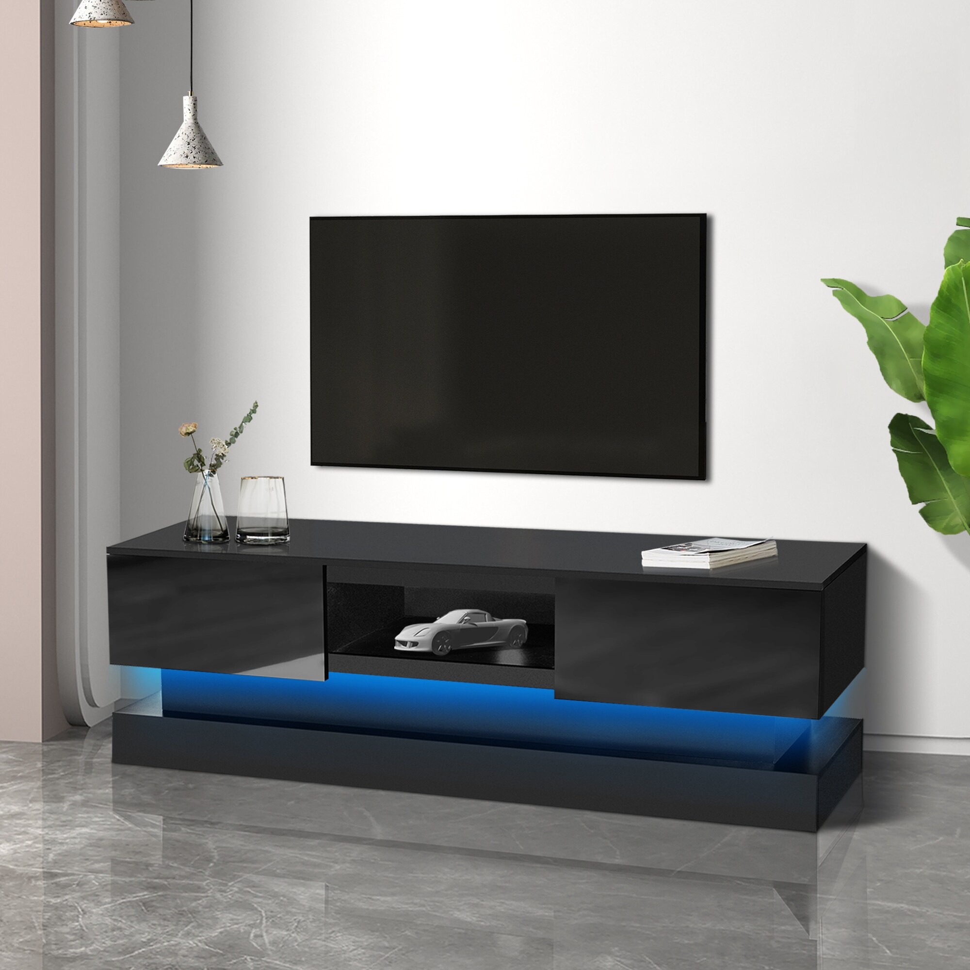 51.18 Inch High Gloss Floor TV Stand with Led Lights Gaming TV Media Console with Wire Hole Drawer and Shelves for Living Room Bed Bath Beyond 41241621