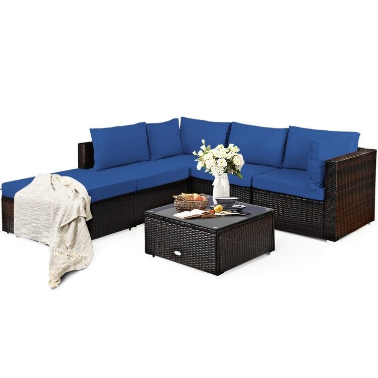 6 Pieces Outdoor Patio Rattan Furniture Set Sofa Ottoman with Coffee Table - 30'' x 30'' x 26''(L x W x H)