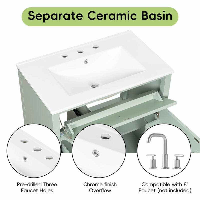 Bathroom Vanity with Sink, Modern MDF and Rubberwood Cabinet with 3 Drawers and Adjustable Shelf