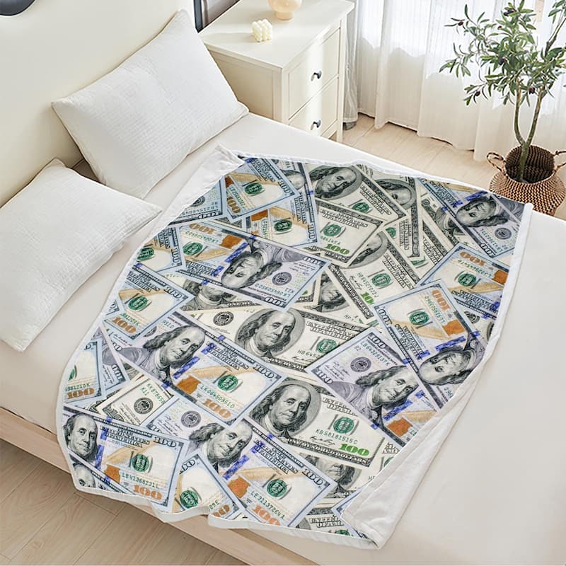 Money Flannel Fleece Blanket 100 Dollar Bills Pattern Print for Couch Bed Sofa - 30"x40"