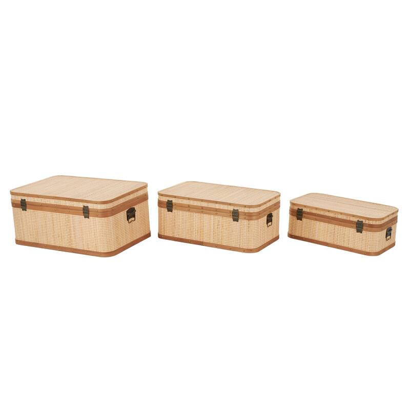 Rattan Woven Decorative Trunk with Brass Metal Latches and Brown Wooden Accents - Set of 3 Light Brown - Roche River Decor