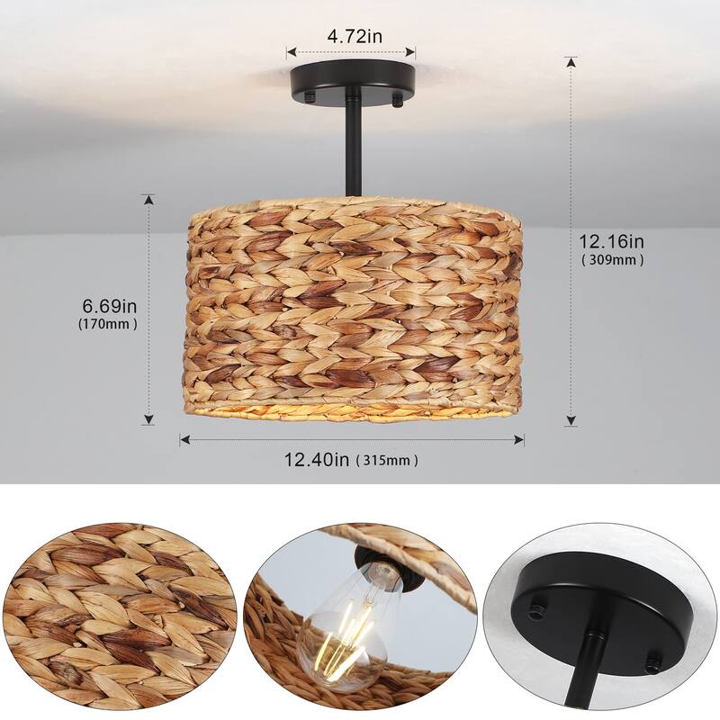 1-Light Semi-Flush Mount Lighting with Drum Shade, Classic Semi Flush Mount Chandelier for Living Room Kitchen Dining Foyer