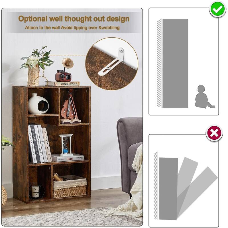 VECELO Widened Version, 3-Tier Five Open Cube Wooden Bookcase Organizer, Bookshelf, Book Storage