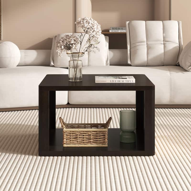 Square Coffee Table in Farmhouse Coffee Table with Storage,2-Tier Center Table with Half Open Storage Compartment in 30.8"