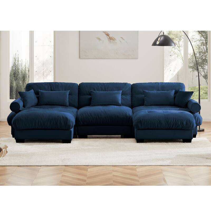 Modern Sectional Couch Comfortable Upholstered Sofa Set with Lumbar Pillow and Throw Pillow for Living Room - 3 Seats + 2 Ottoman - Blue