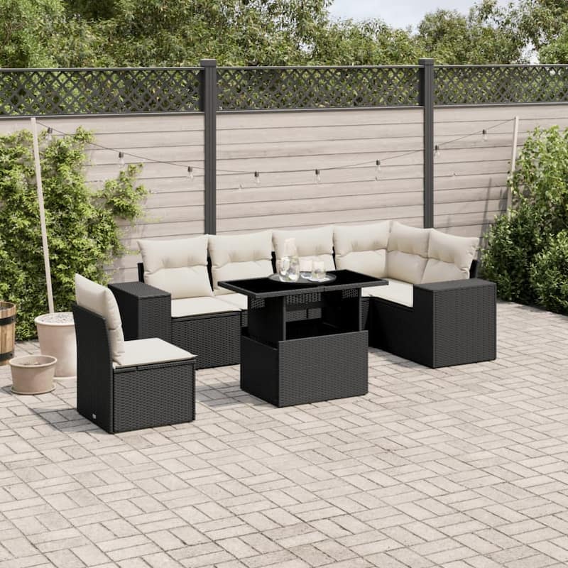 vidaXL Patio Sofa Set with Cushions Outdoor Furniture 7 Piece Poly Rattan - 21.7 x 39.4 x 28.7 - Black and Cream