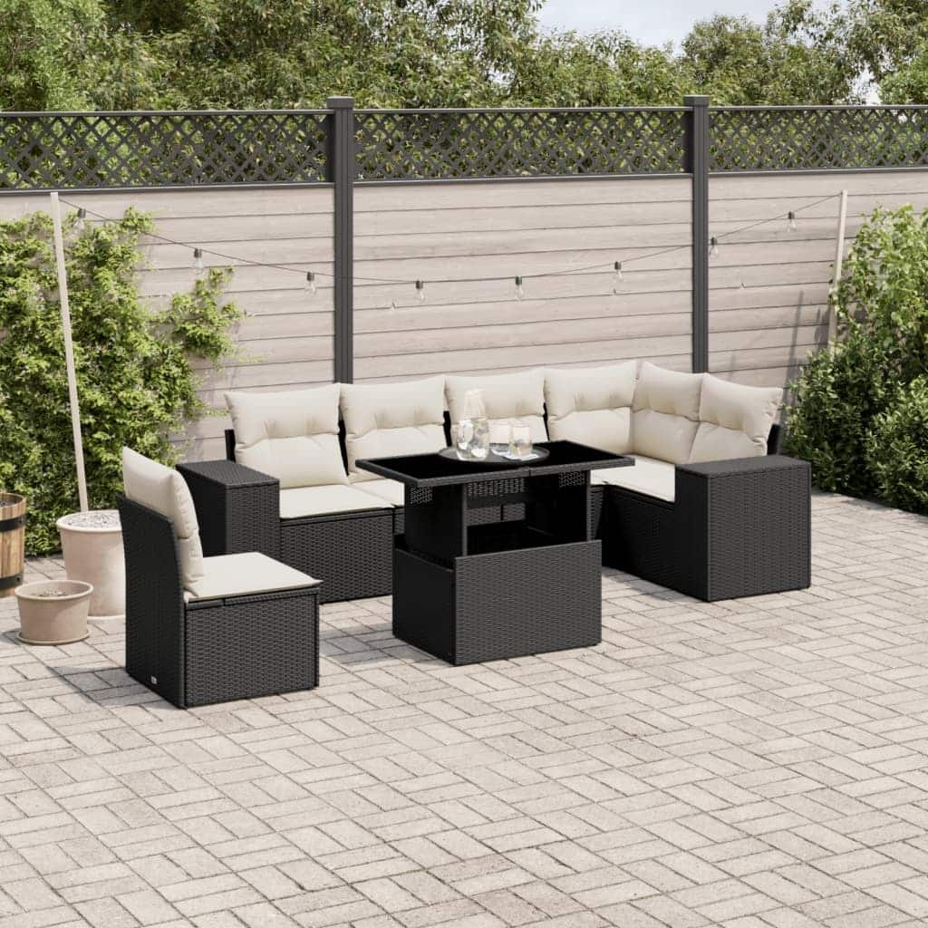 vidaXL Patio Sofa Set with Cushions Outdoor Furniture 7 Piece Poly Rattan - 21.7 x 39.4 x 28.7