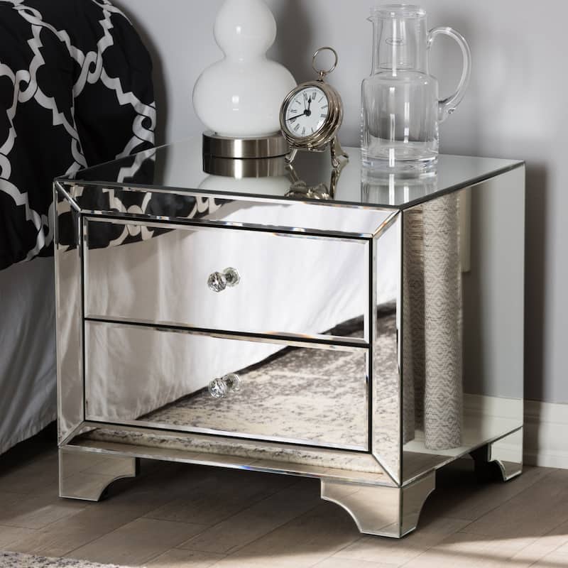 2-Drawer Nightstand with Mirrored Finish & Crystal Handles - Modern Bedside Table