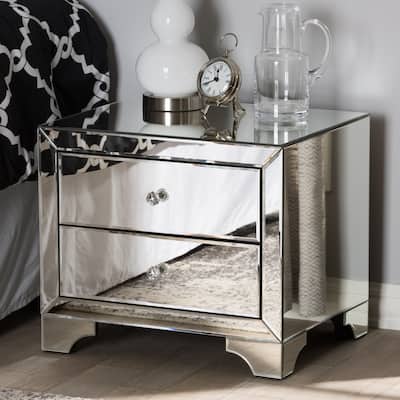 2-Drawer Nightstand with Mirrored Finish & Crystal Handles - Modern Bedside Table