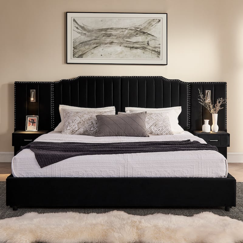 King Upholstered Wingback Platform Bed Frame with Vertical Stripe Enlarged Headboard, Adjustable Lamps & Integrated Nightstand