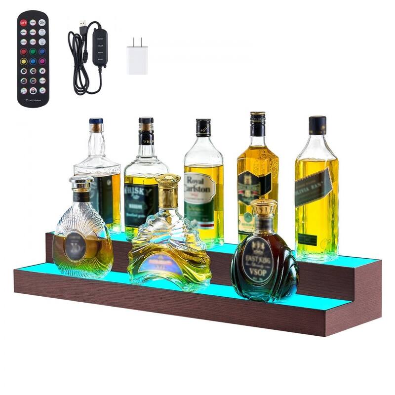 Multi-Color Acrylic and Pine Wood 2-Tier Wine Display Shelf with LED Lighting and Remote Control