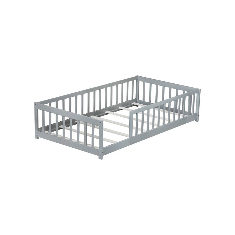Twin Size Floor Bed with Fence without Door, Rubber Wood Floor Bed with Safety Guardrails,Grey