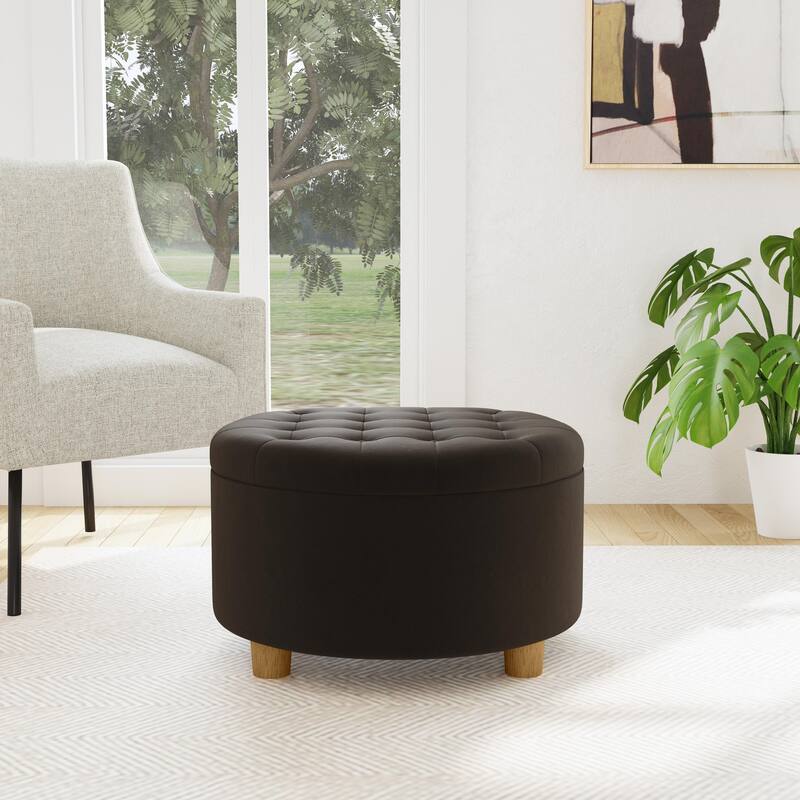 HomePop Button Tufted Round Storage Ottoman - Chocolate Brown Velvet