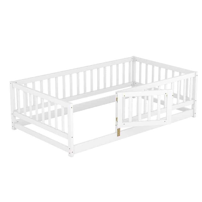 Montessori Floor Bed with Fence Guardrail and Removable Door Toddler Floor Wood Bed Frame for Kids Boys Girls Children's Room