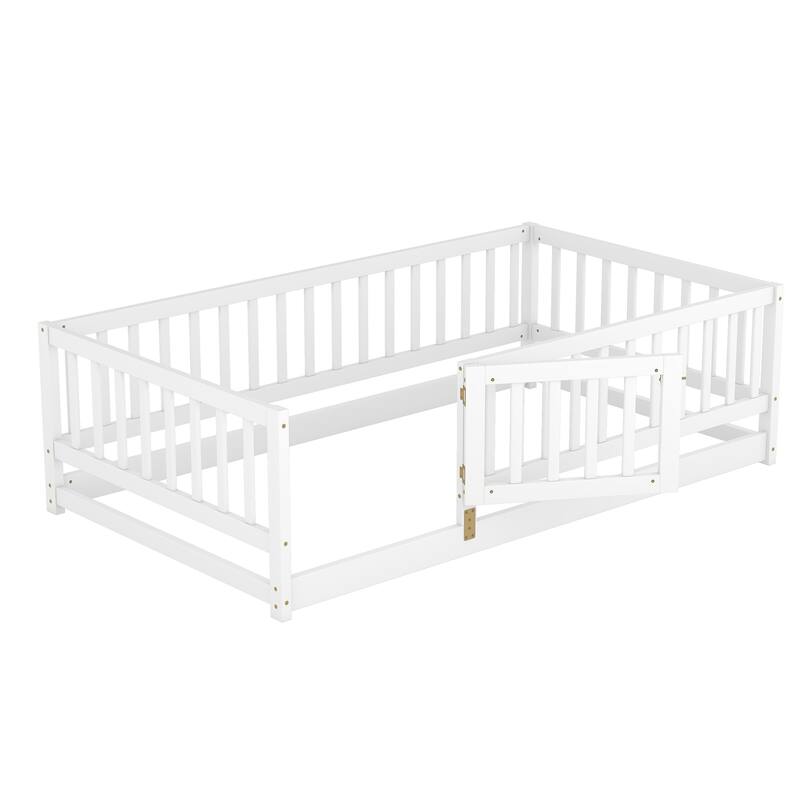 Twin Size Pine Wood Floor Panel Bed with Safety Fence and Removable Door