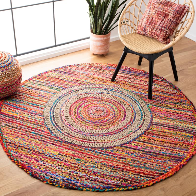 SAFAVIEH Handmade Braided Saibe Bohemian Cotton Rug - 6' Round - Pink/Red