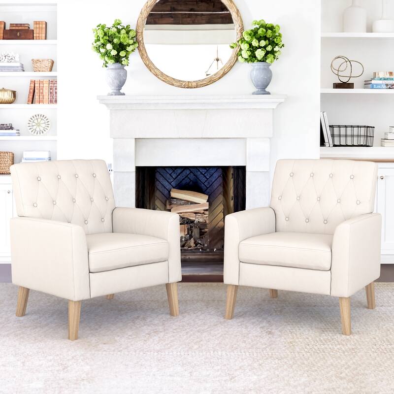 Mid-Century Modern Upholstered Linen Fabric Button Tufted Accent Chair Set of 2 - 28.5 W X 27.25 D X 33.75 H - Beige Linen