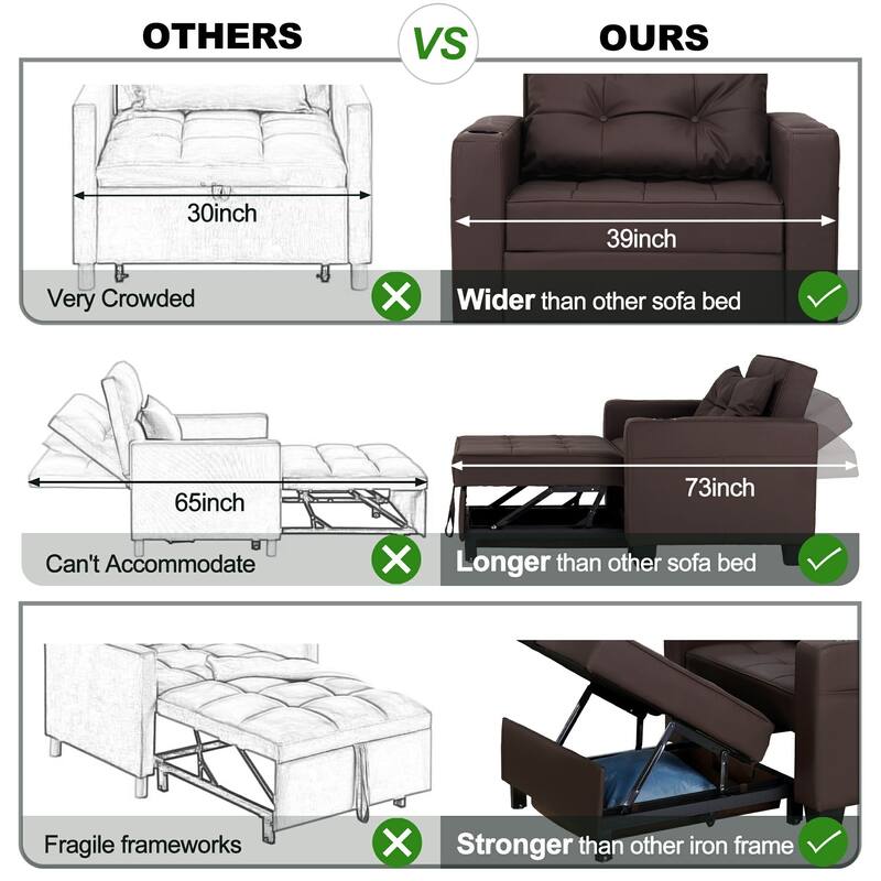 Pull Out Sofa Couch Bed Convertible Sleeper Sofa Bed with Storage Chaise, Sofa Couch