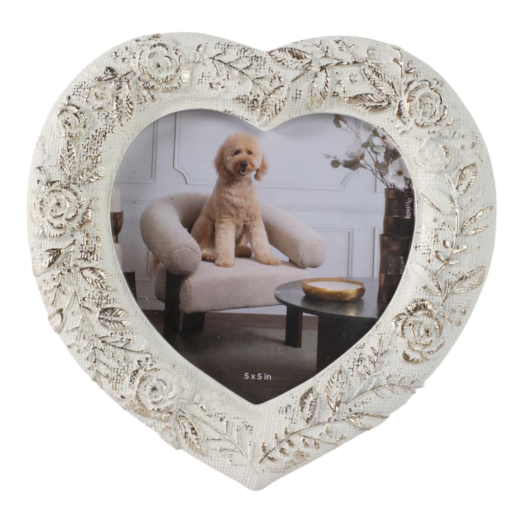 Polyresin Heart Shaped Photo Frame Floral Carving Design - 5x5" Ivory