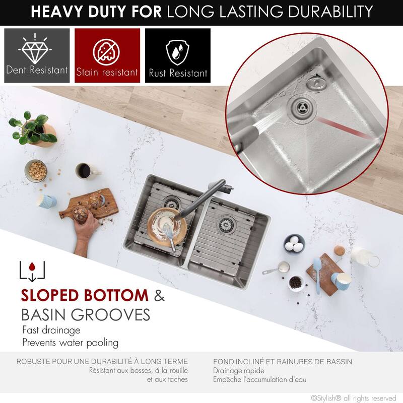 STYLISH Dual Mount 31" Double-Bowl Stainless Steel Kitchen Sink with Grids and Strainers S-401G - 31" x 18" x 9"