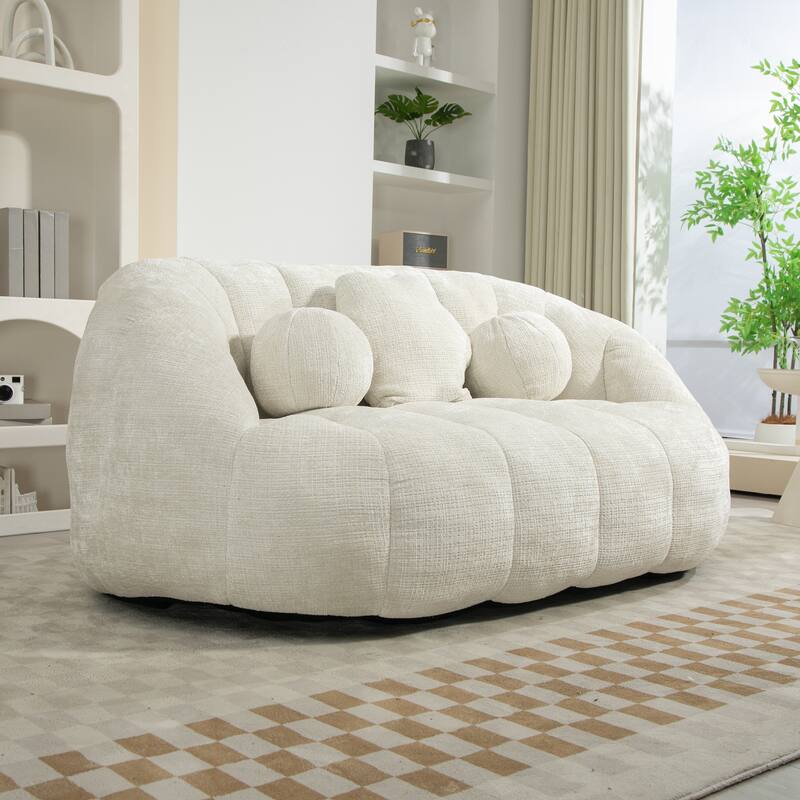 White Modern 63.78" Chenille Upholstered Lounge Chair with High Density Foam Filling and Pillows