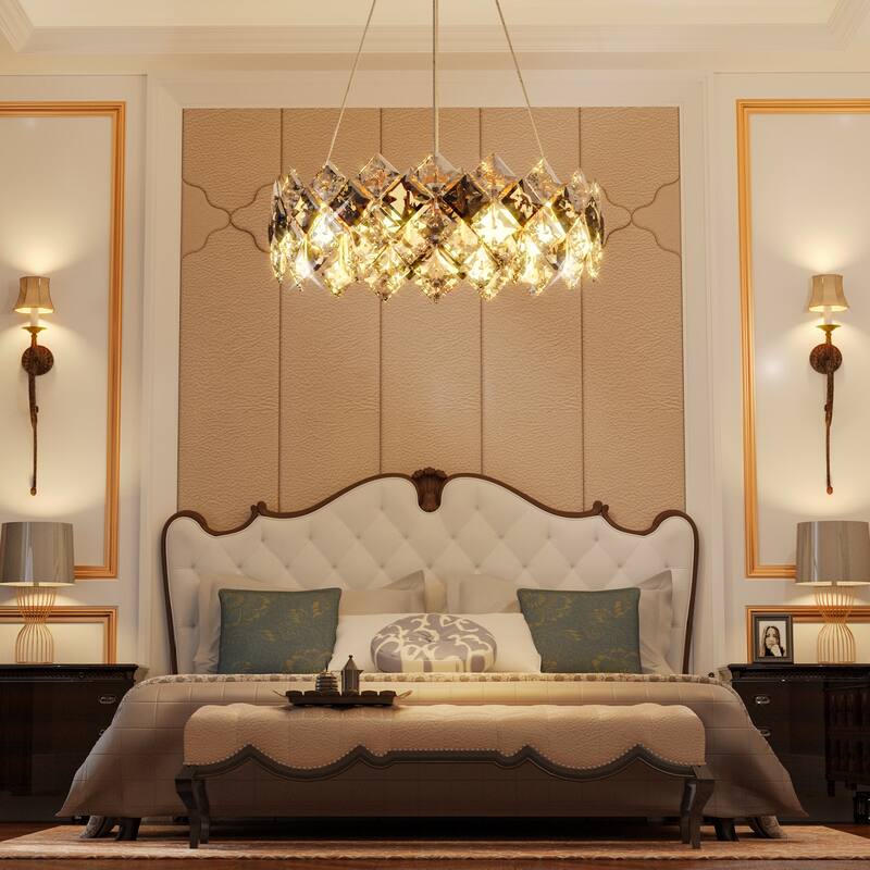 Round Crystal Chandelier Ceiling Pendant Hanging LED Light
