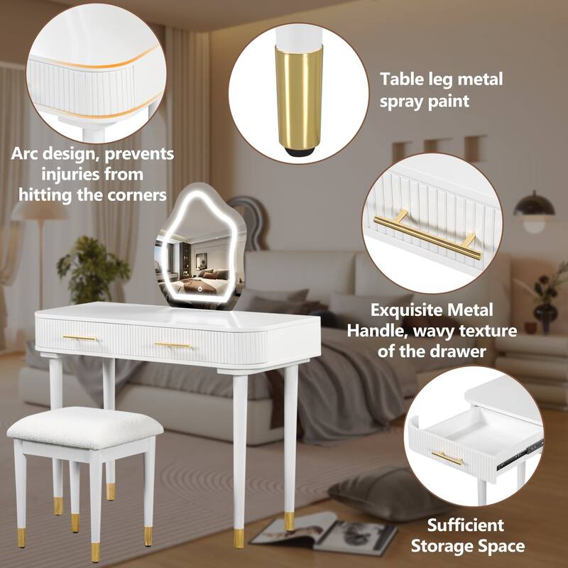 40" Vanity Desk Dresser Table Set with Lighted Mirror, Stool, Drawers