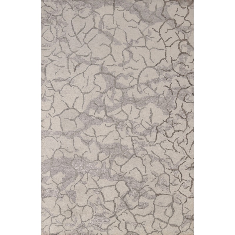 Abstract Modern Indian Area Rug Handmade Beige Wool Carpet - 5'3" x 7'7"