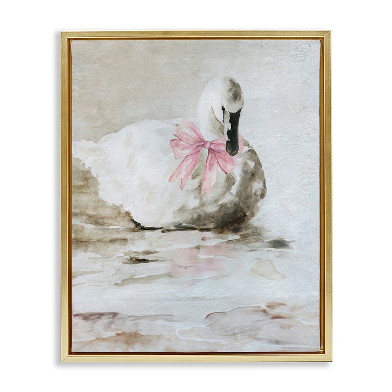 Stupell Charming Duck with Pink Bow Framed Floater Canvas Wall Art Design By Carol Robinson - 17 x 21 - Gold