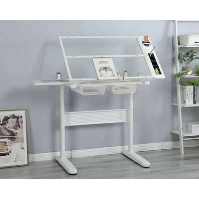 Adjustable Drafting Table Drawing Desk with Stool and 2 Metal Drawers
