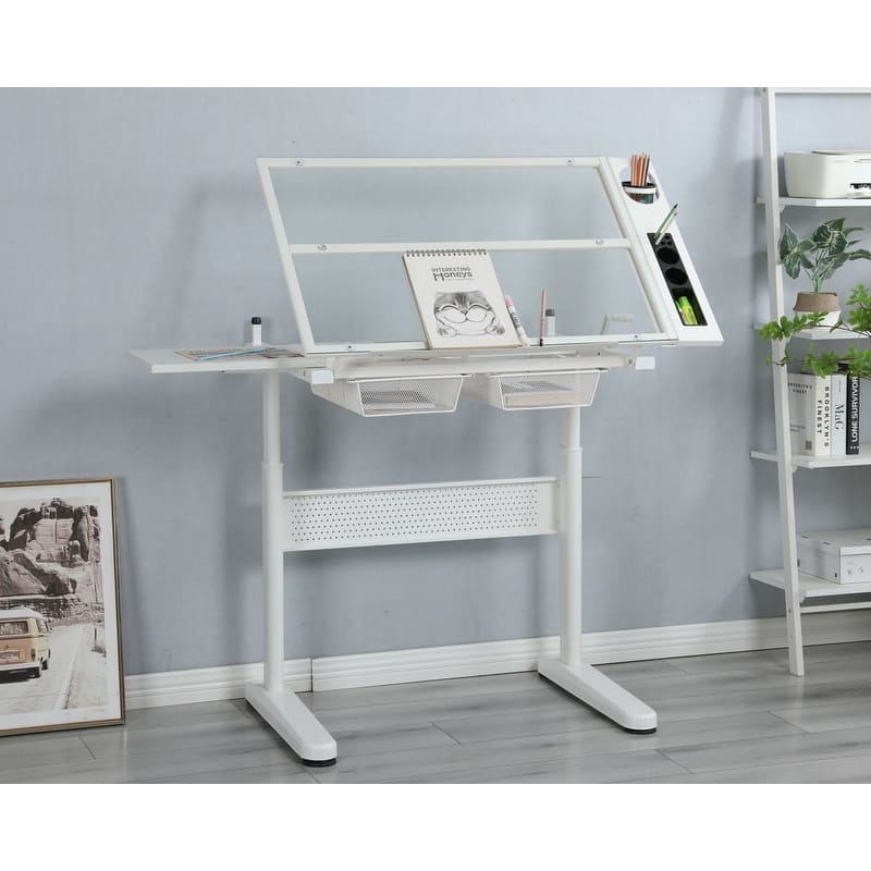 Adjustable Drafting Table Drawing Desk with Stool and 2 Metal Drawers