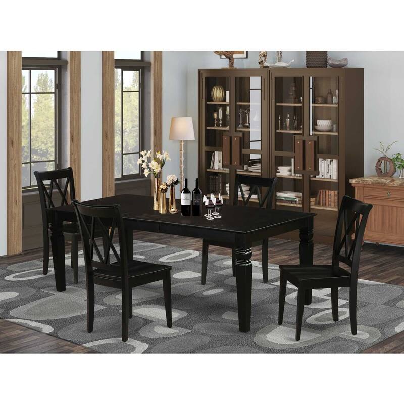 5Pc Dinette Set - 66/84 Inch Rectangle Table w/ Butterfly Leaf & 4 Dining Chairs - Black Finish
