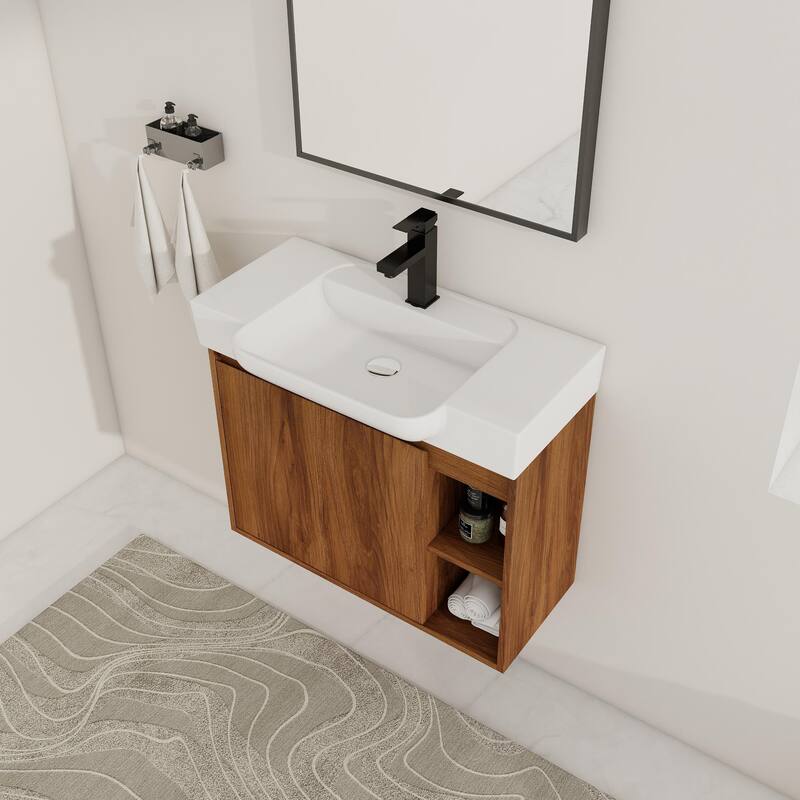 ARTCHIRLY 24/28 Inch Bathroom Vanity with Sink, Floating Bathroom Vanity with Soft Close Door - 27.2''W×14.8''D×22.8''H - Brown