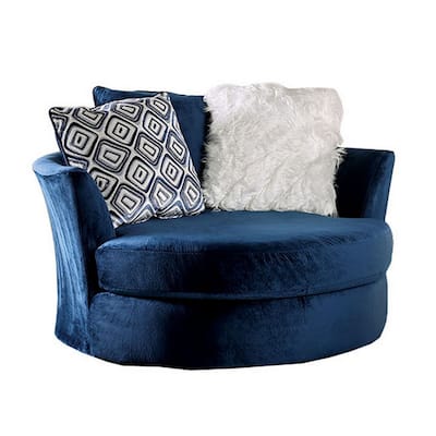 58 Inch Wide Swivel Accent Chair, Microfiber Seat, Throw Pillows, Smooth Blue