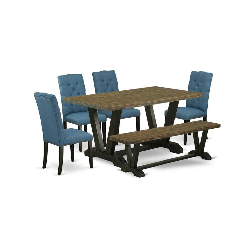 6-Piece Rectangle Distressed Jacobean Finish Solid Wood Top Dining Table with 1-Bench, 4-Chairs with