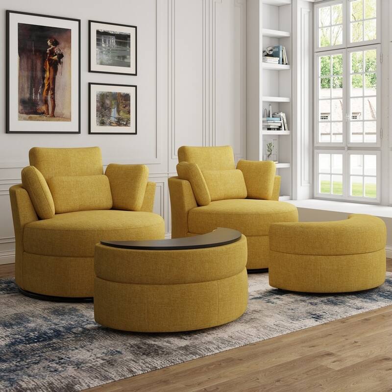 Chenille/Boucle Swivel Barrel Chair with Storage Ottoman