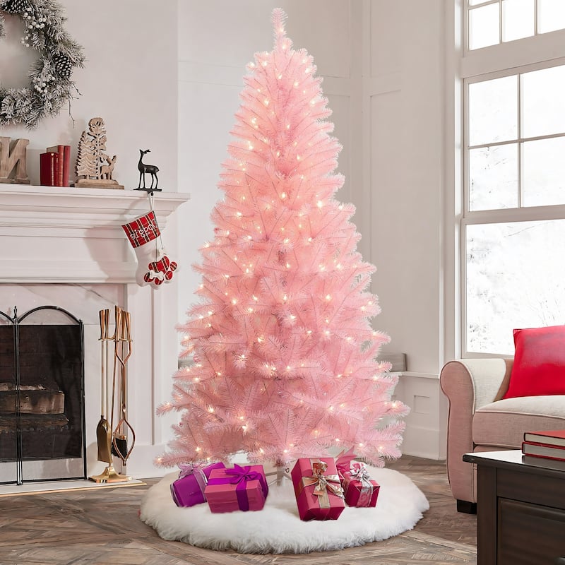 6.5Ft Pre-Lit Pink Hinged Full Artificial Christmas Tree - 78" H x 41.7" Diameter