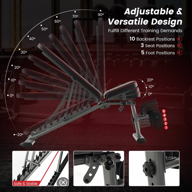 Black Adjustable Weight Incline Decline Flat Bench for Home Gym with 10 Backrest Positions - 59" x 20" x 21-52"