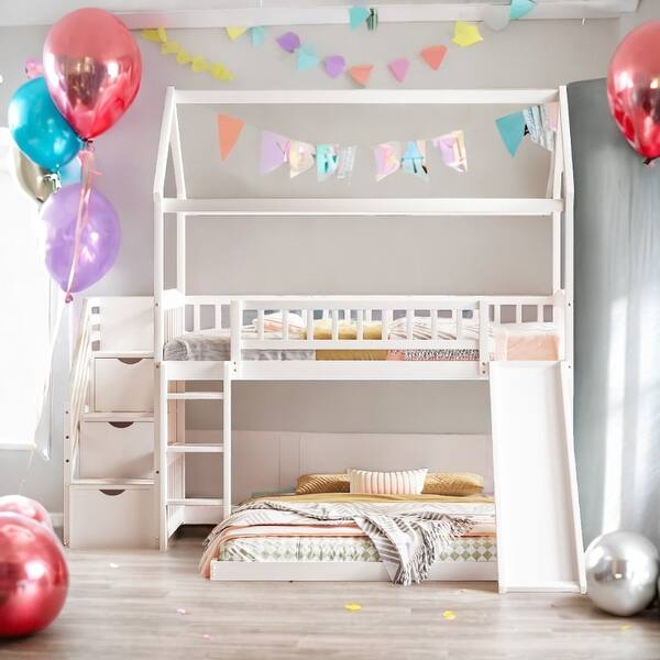 slide 2 of 40, Friendly Design Twin Over Twin Bunk Bed with Two Drawers and Slide, House Bed with Slide White